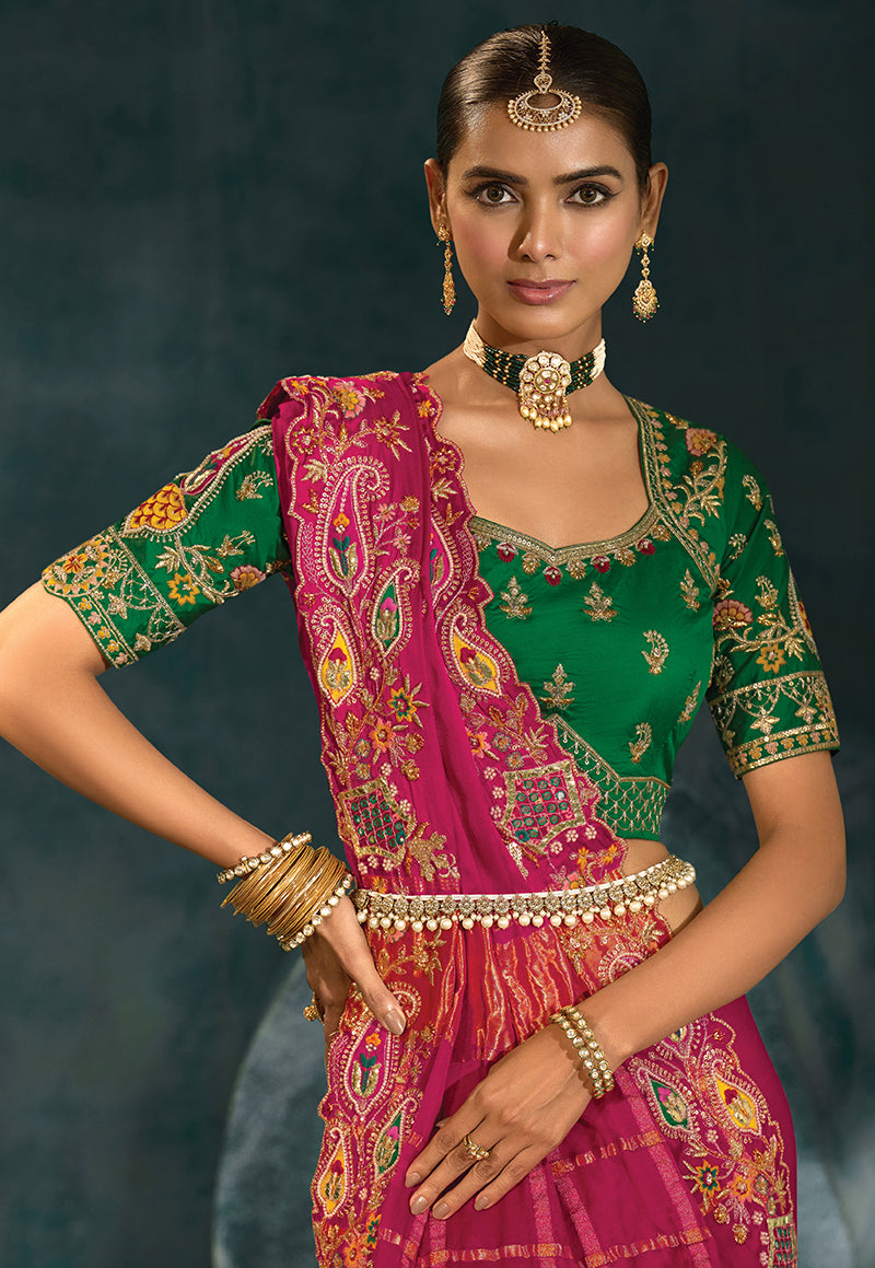 Monjolika Fashion Rani Pink Color Gajji Silk Cutdana Moti Mirror Work Beautiful Border Saree - Distacart
