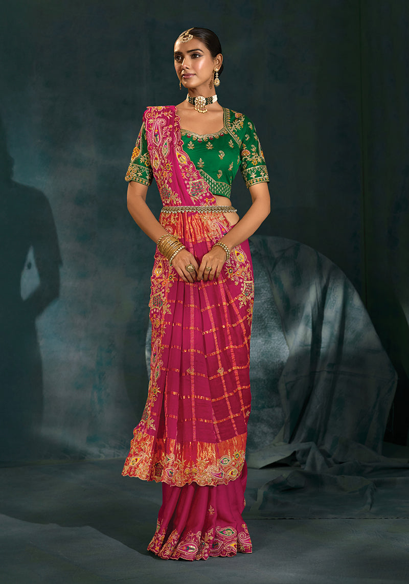 Monjolika Fashion Rani Pink Color Gajji Silk Cutdana Moti Mirror Work Beautiful Border Saree - Distacart
