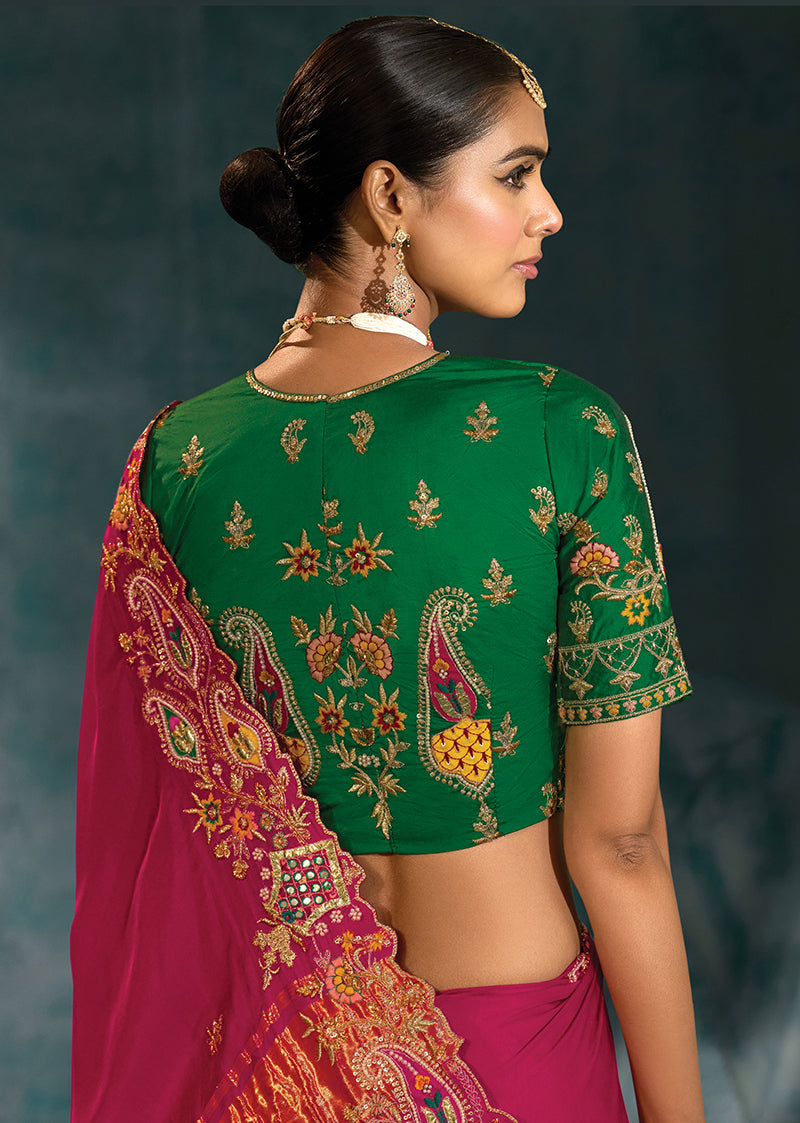 Monjolika Fashion Rani Pink Color Gajji Silk Cutdana Moti Mirror Work Beautiful Border Saree - Distacart