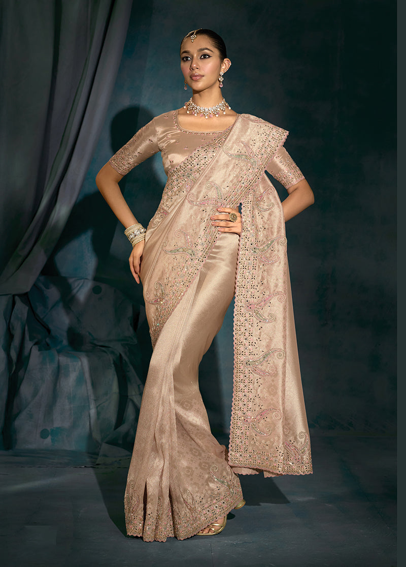 Monjolika Fashion Light Peach Silk With Thread, Moti Zarkan Work Beautiful Border Saree - Distacart