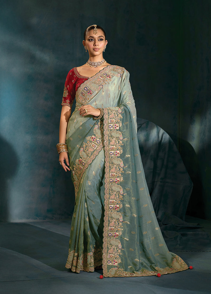Monjolika Fashion Grey Crepe With Cutdana Moti Zarkan Work Beautiful Border Saree - Distacart