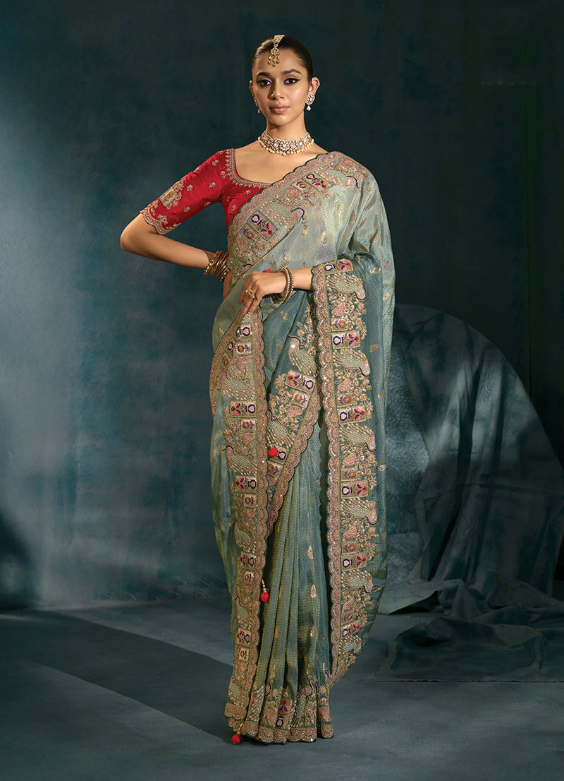 Monjolika Fashion Grey Crepe With Cutdana Moti Zarkan Work Beautiful Border Saree - Distacart