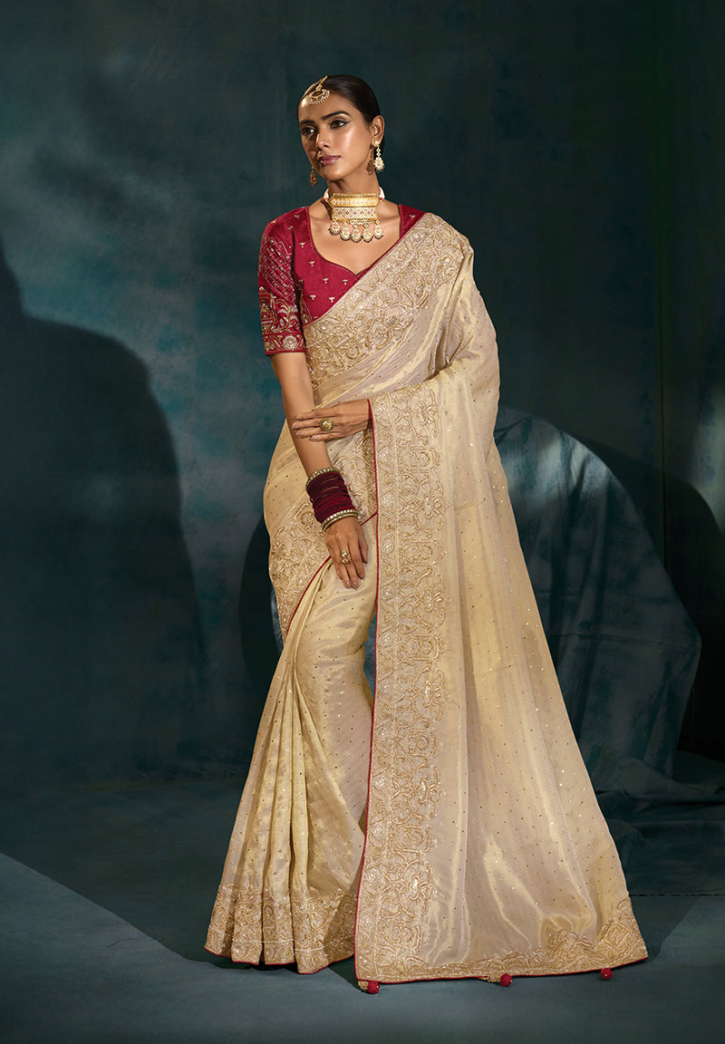 Monjolika Fashion Cream Color Silk Blend With Cutdana Moti Zari Heavy Work Beautiful Border Saree - Distacart
