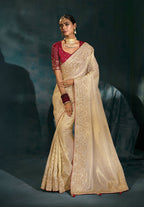 Monjolika Fashion Cream Color Silk Blend With Cutdana Moti Zari Heavy Work Beautiful Border Saree - Distacart