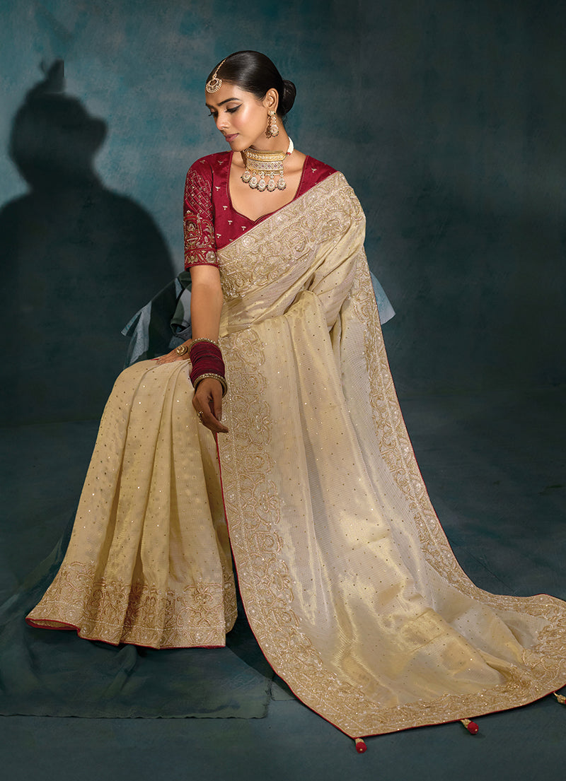 Monjolika Fashion Cream Color Silk Blend With Cutdana Moti Zari Heavy Work Beautiful Border Saree - Distacart