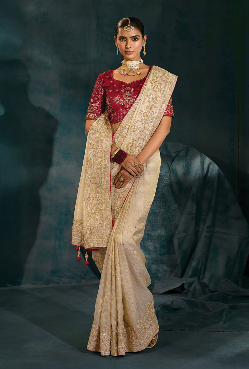 Monjolika Fashion Cream Color Silk Blend With Cutdana Moti Zari Heavy Work Beautiful Border Saree - Distacart