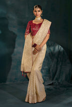 Monjolika Fashion Cream Color Silk Blend With Cutdana Moti Zari Heavy Work Beautiful Border Saree - Distacart