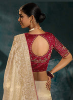Monjolika Fashion Cream Color Silk Blend With Cutdana Moti Zari Heavy Work Beautiful Border Saree - Distacart