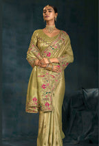 Monjolika Fashion Olive Green Color Silk Blend With Cutdana Moti Zarkan Heavy Work Beautiful Border Saree - Distacart