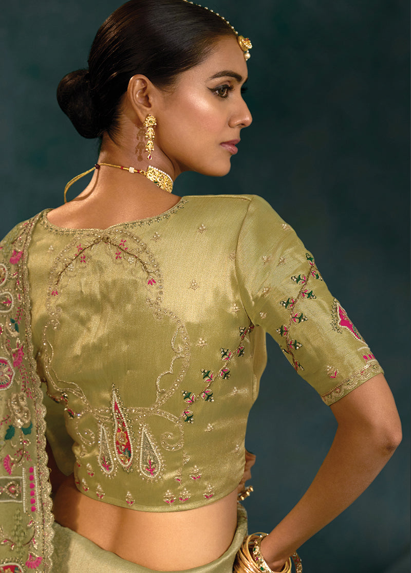 Monjolika Fashion Olive Green Color Silk Blend With Cutdana Moti Zarkan Heavy Work Beautiful Border Saree - Distacart