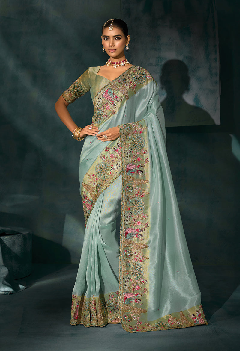 Monjolika Fashion Beige Color Silk Blend With Cutdana Moti Jardoshi Heavy Work Beautiful Border Saree - Distacart