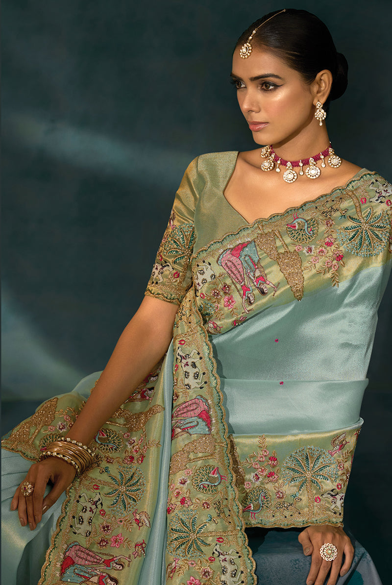 Monjolika Fashion Beige Color Silk Blend With Cutdana Moti Jardoshi Heavy Work Beautiful Border Saree - Distacart