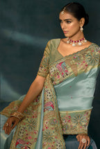Monjolika Fashion Beige Color Silk Blend With Cutdana Moti Jardoshi Heavy Work Beautiful Border Saree - Distacart