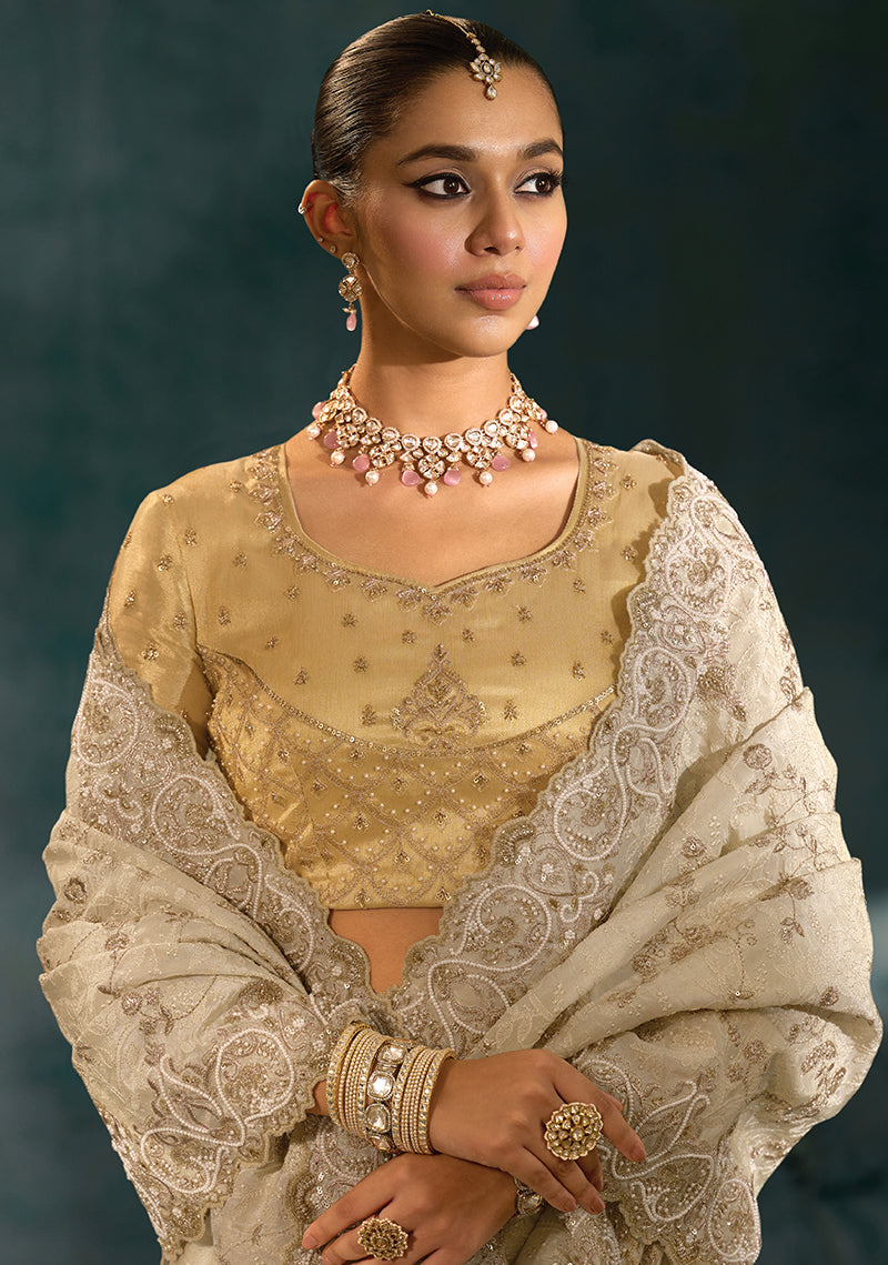 Monjolika Fashion Cream Banarasi Silk With Lakhanvi And Zarkan Work Blend Saree - Distacart