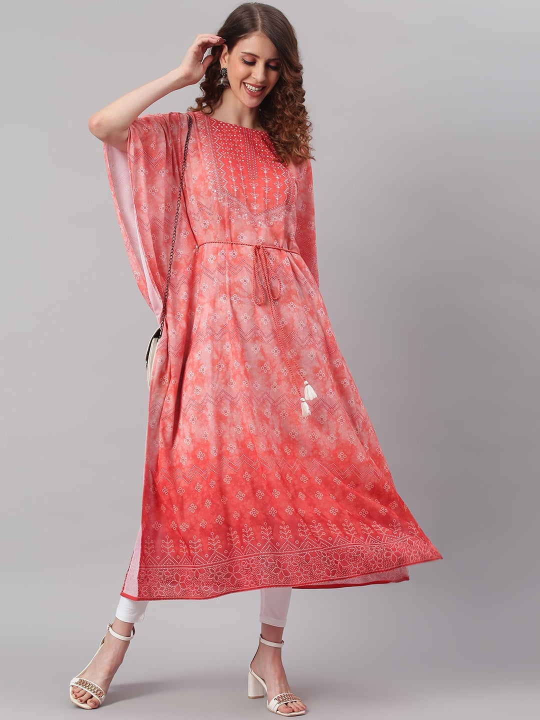 Janasya Peach-Coloured Ethnic Motifs Dyed Thread Work Georgette Kaftan Kurta - Distacart