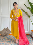The52 Mustard Embroidered Chanderi Fabric Straight Kurta, Pant and Dupatta Set - Distacart