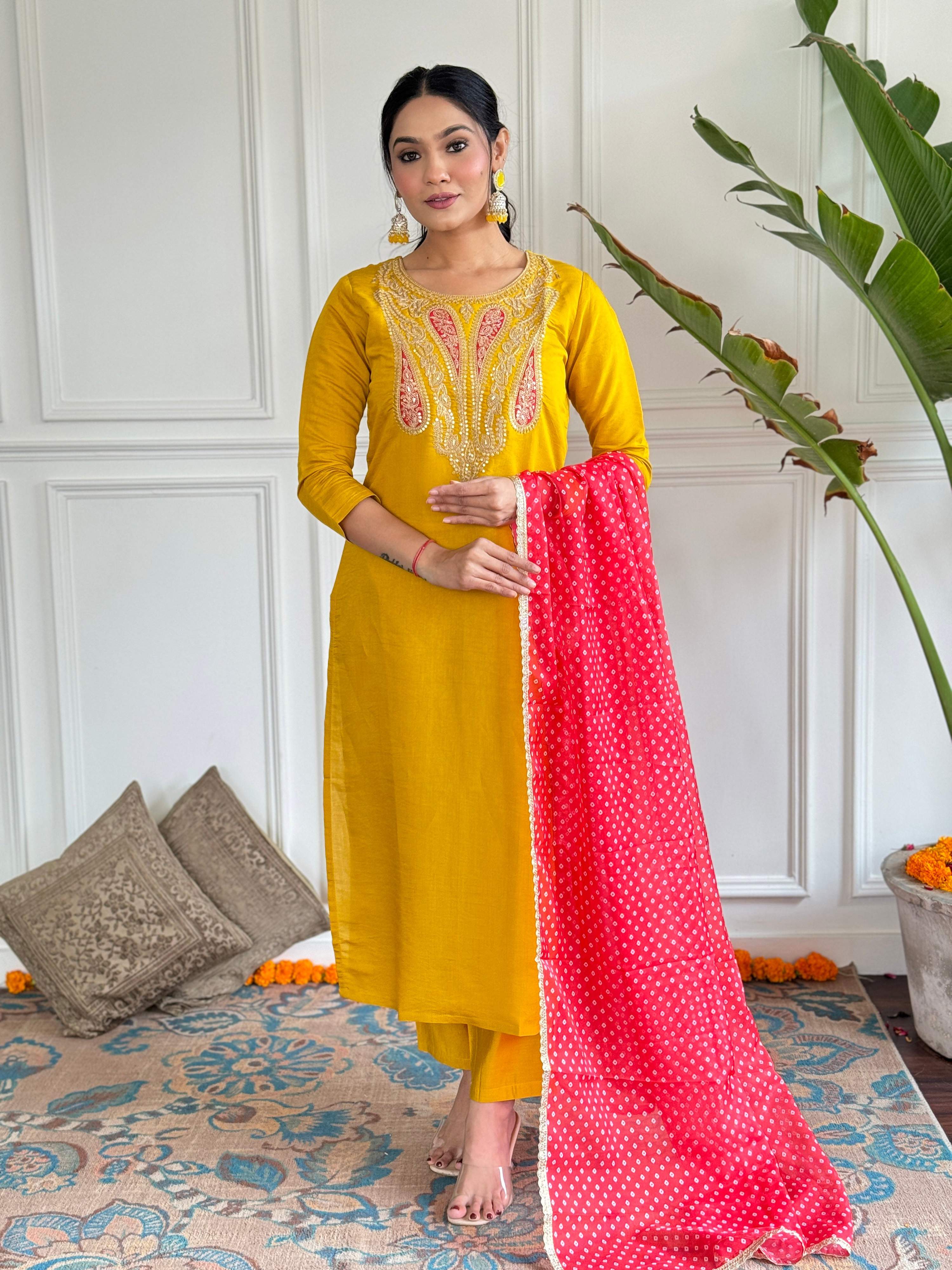 The52 Mustard Embroidered Chanderi Fabric Straight Kurta, Pant and Dupatta Set - Distacart