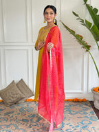 The52 Mustard Embroidered Chanderi Fabric Straight Kurta, Pant and Dupatta Set - Distacart