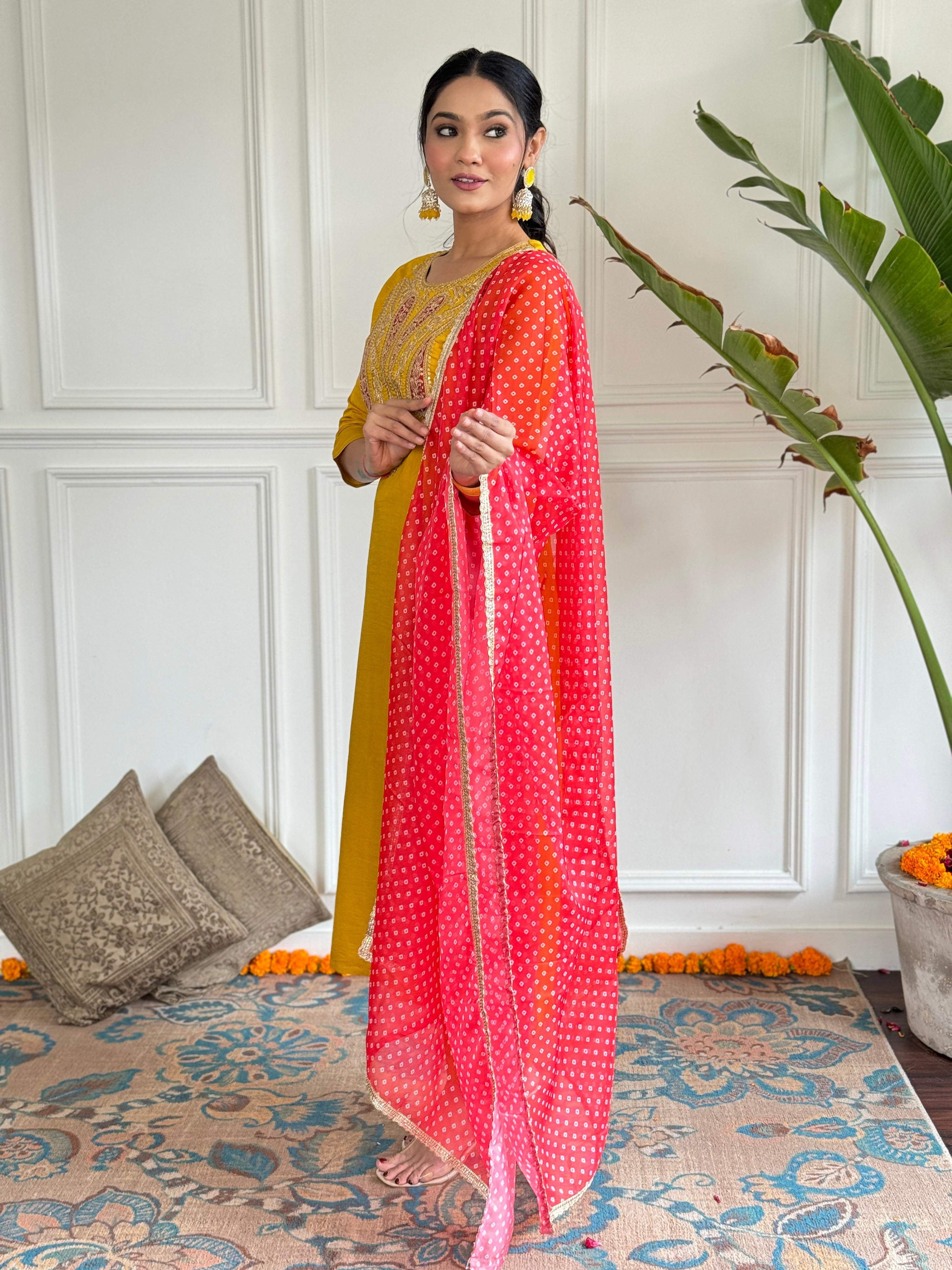 The52 Mustard Embroidered Chanderi Fabric Straight Kurta, Pant and Dupatta Set - Distacart