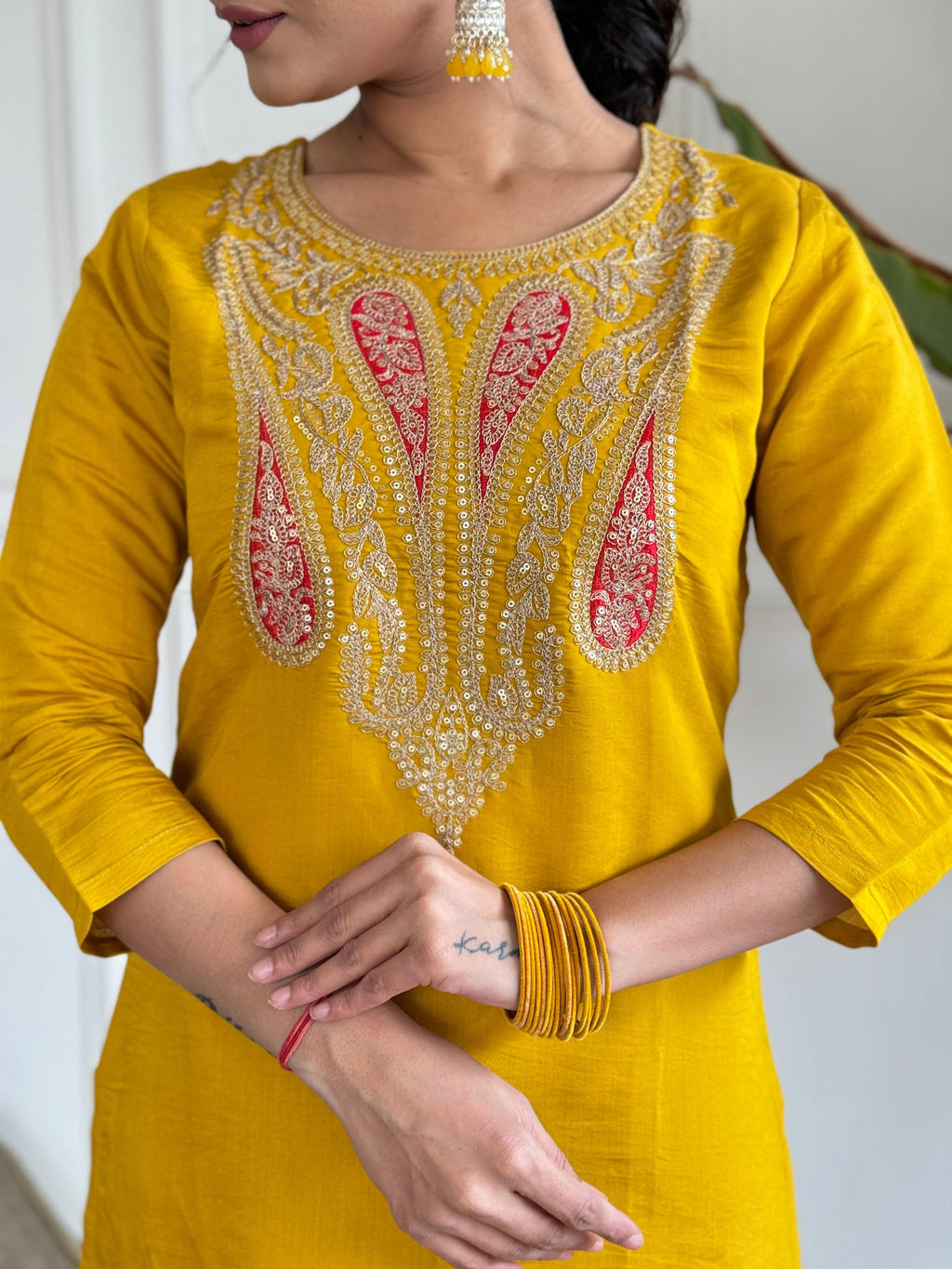 The52 Mustard Embroidered Chanderi Fabric Straight Kurta, Pant and Dupatta Set - Distacart