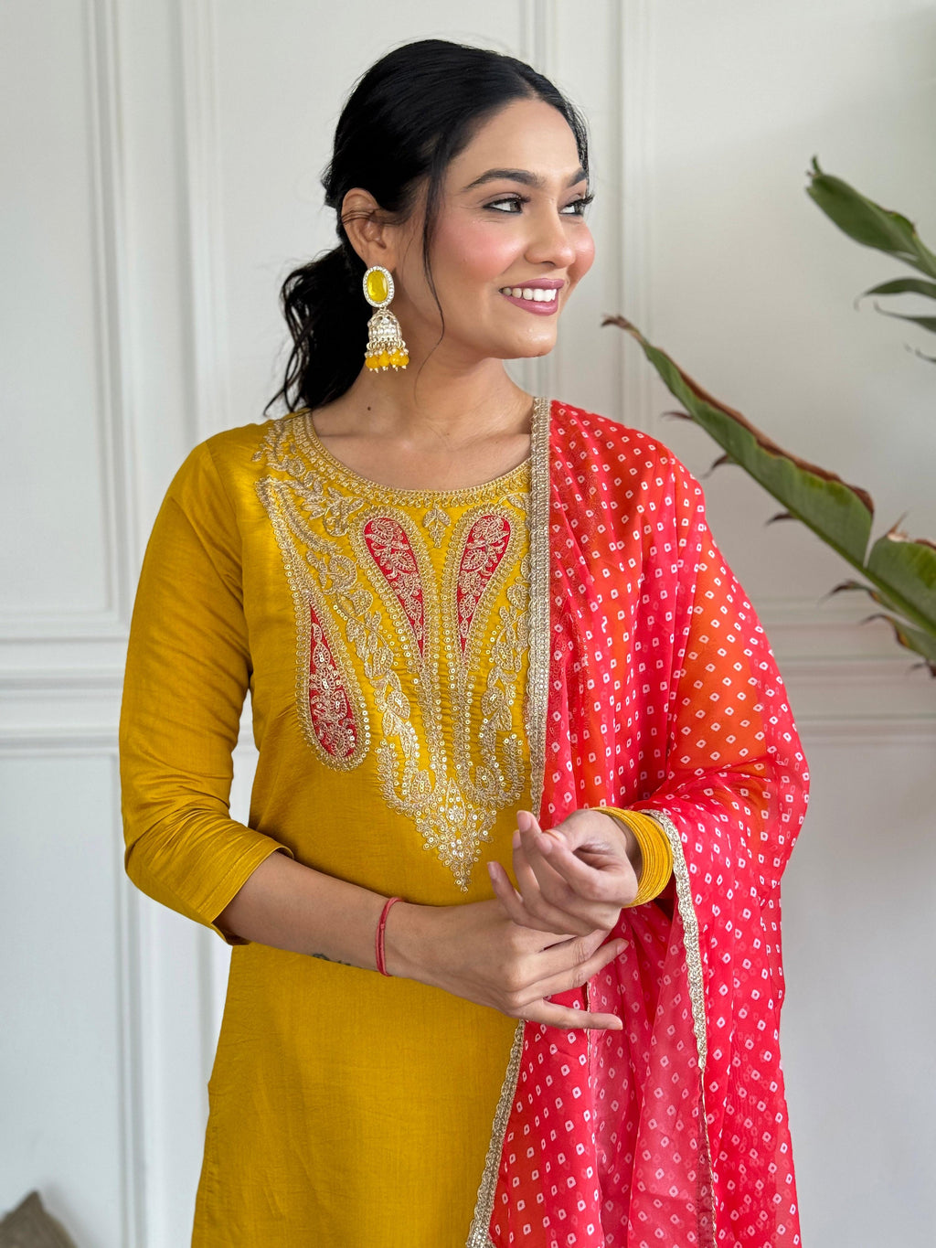 The52 Mustard Embroidered Chanderi Fabric Straight Kurta, Pant and Dupatta Set - Distacart