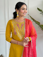 The52 Mustard Embroidered Chanderi Fabric Straight Kurta, Pant and Dupatta Set - Distacart