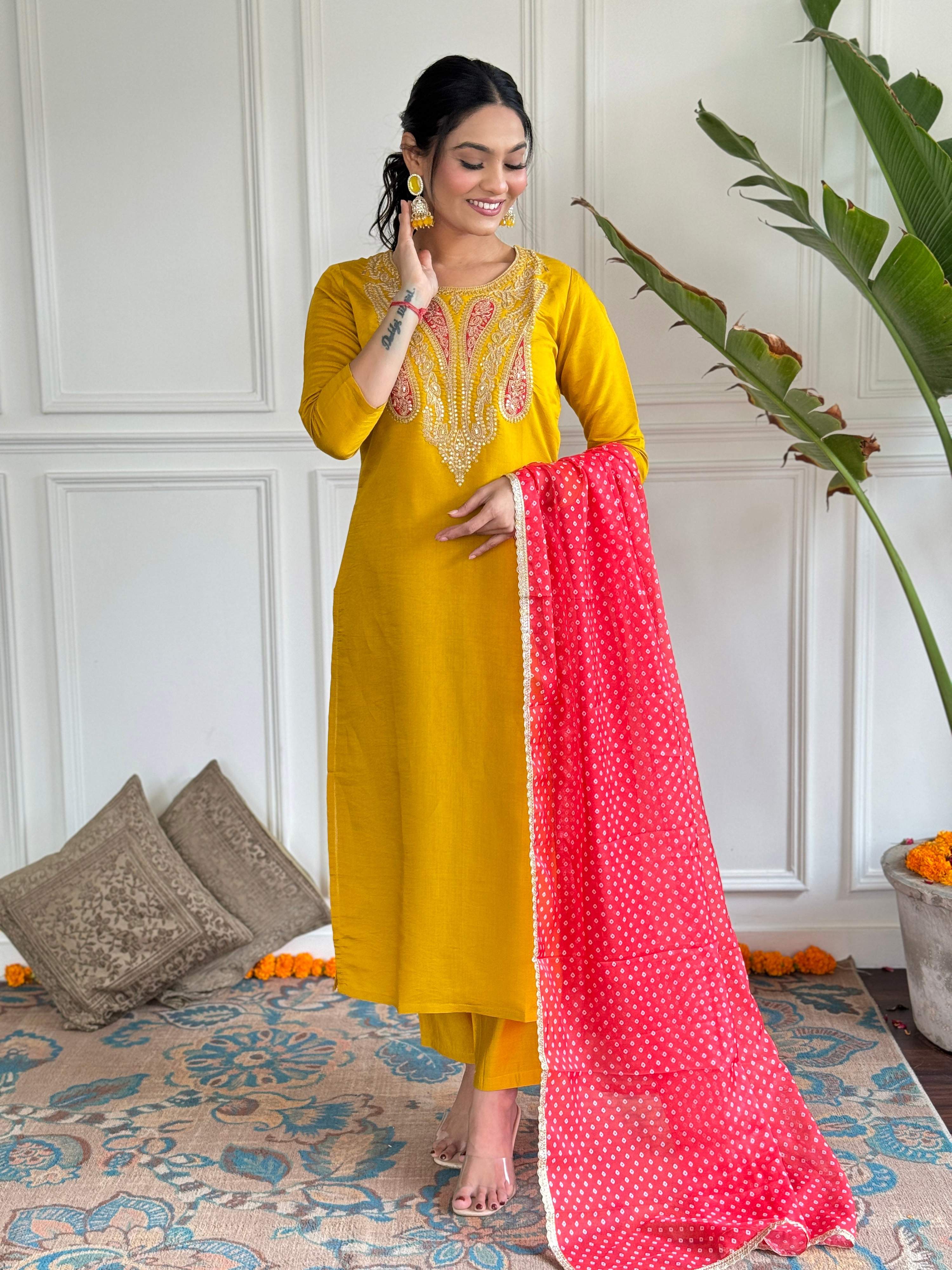 The52 Mustard Embroidered Chanderi Fabric Straight Kurta, Pant and Dupatta Set - Distacart