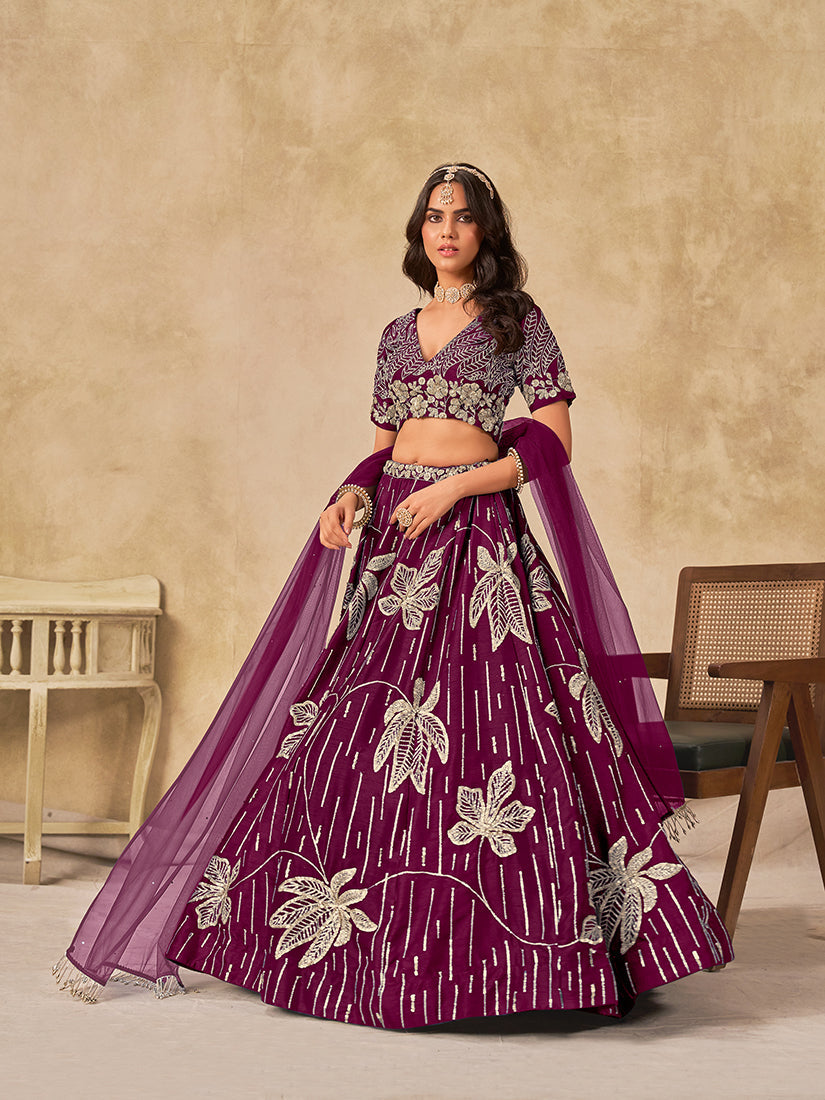 Monjolika Fashion Wine Embroidered Art Silk Reception Trendy Lehenga Choli - Distacart