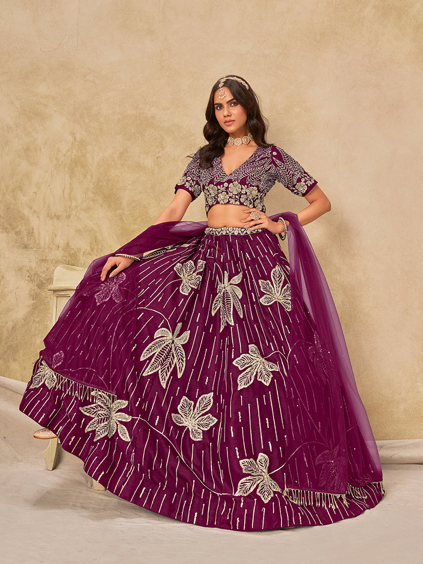 Monjolika Fashion Wine Embroidered Art Silk Reception Trendy Lehenga Choli - Distacart