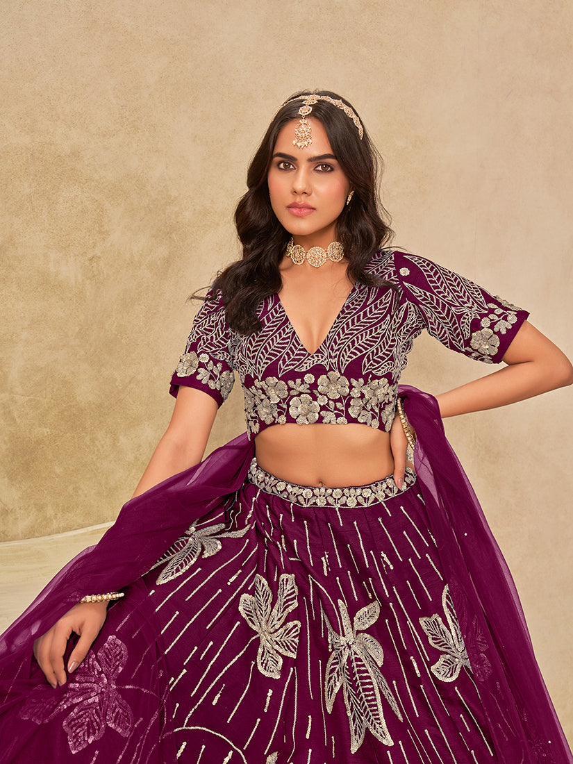Monjolika Fashion Wine Embroidered Art Silk Reception Trendy Lehenga Choli - Distacart
