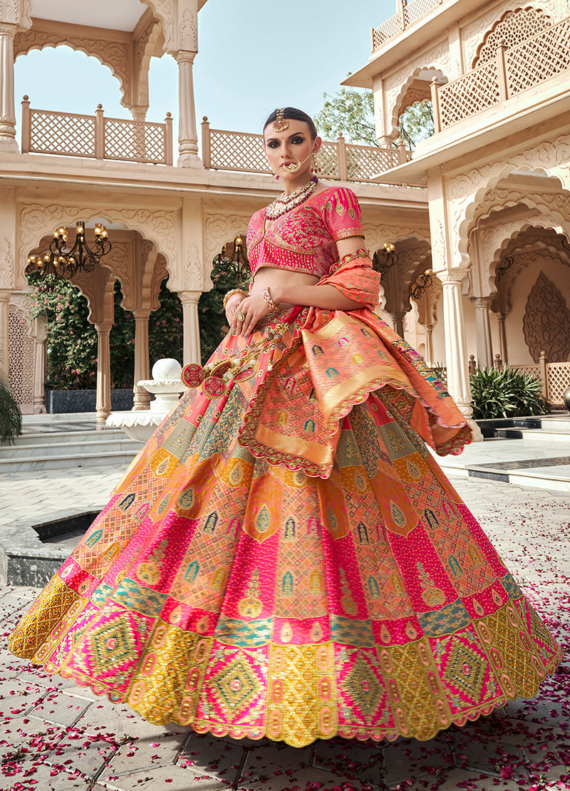 Monjolika Fashion Rani Pink Premium Banarasi Silk With Zarkan & Cutwork Wedding Wear Lehenga - Distacart