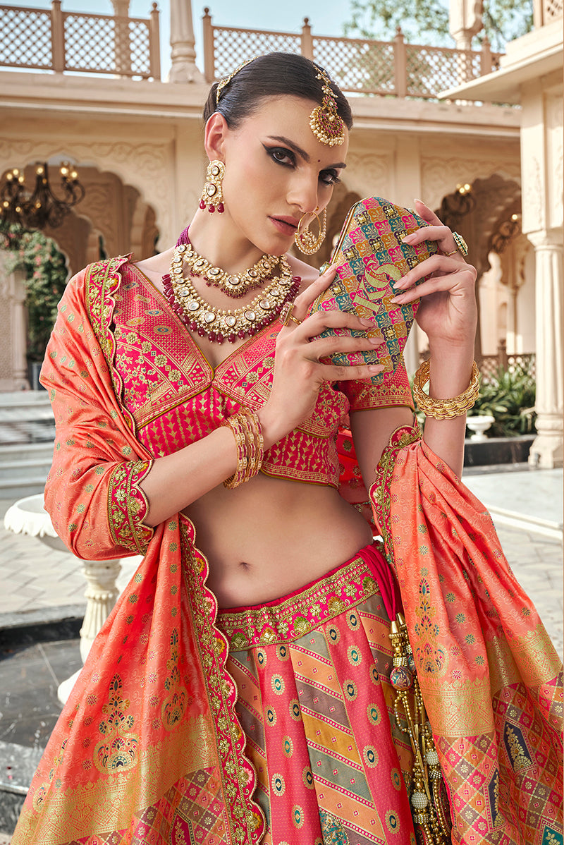 Monjolika Fashion Rani Pink Premium Banarasi Silk With Zarkan & Cutwork Wedding Wear Lehenga - Distacart