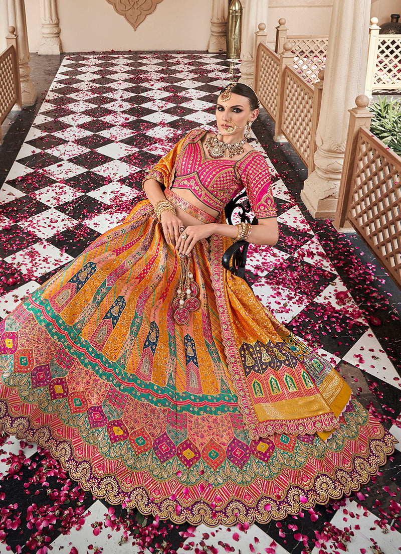 Monjolika Fashion Mustard Multicolor Premium Banarasi Silk With Zarkan & Cutwork Wedding Wear Lehenga - Distacart