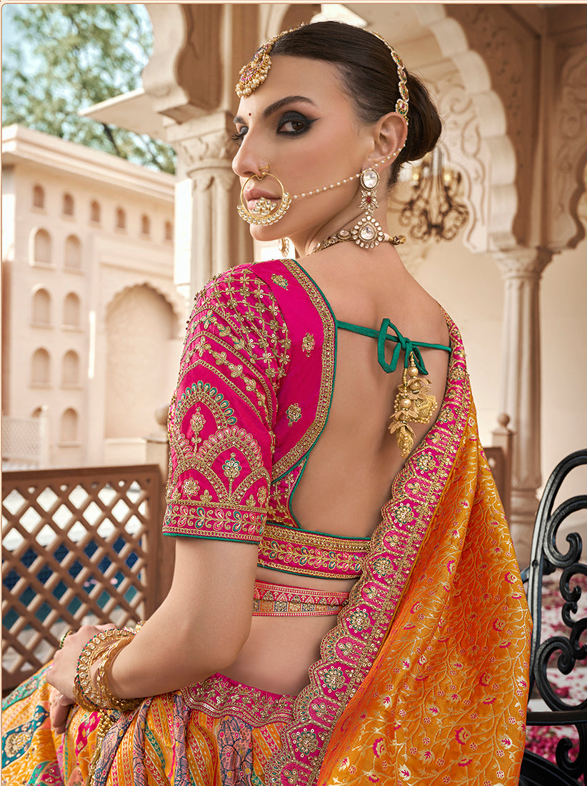 Monjolika Fashion Mustard Multicolor Premium Banarasi Silk With Zarkan & Cutwork Wedding Wear Lehenga - Distacart