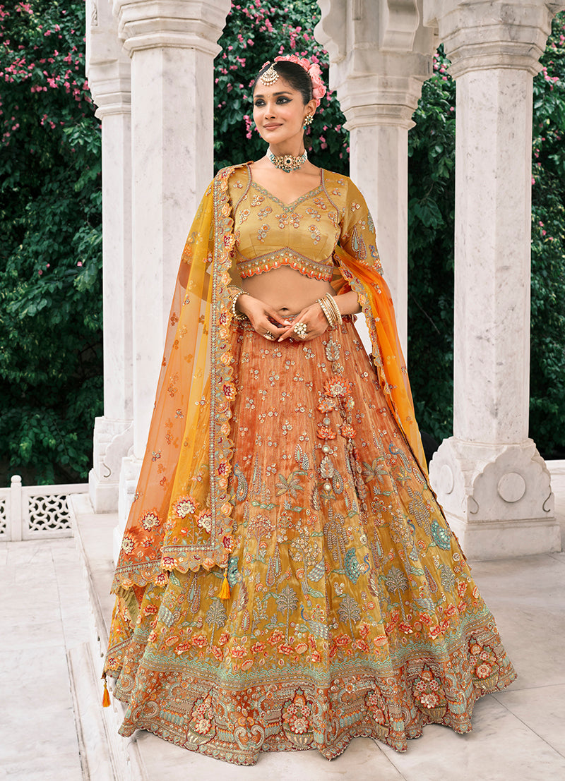 Monjolika Fashion Rust Orange And Mustard Yellow Silk Bridal With Embroidery And Sequins Work Lehenga - Distacart