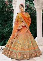 Monjolika Fashion Rust Orange And Mustard Yellow Silk Bridal With Embroidery And Sequins Work Lehenga - Distacart
