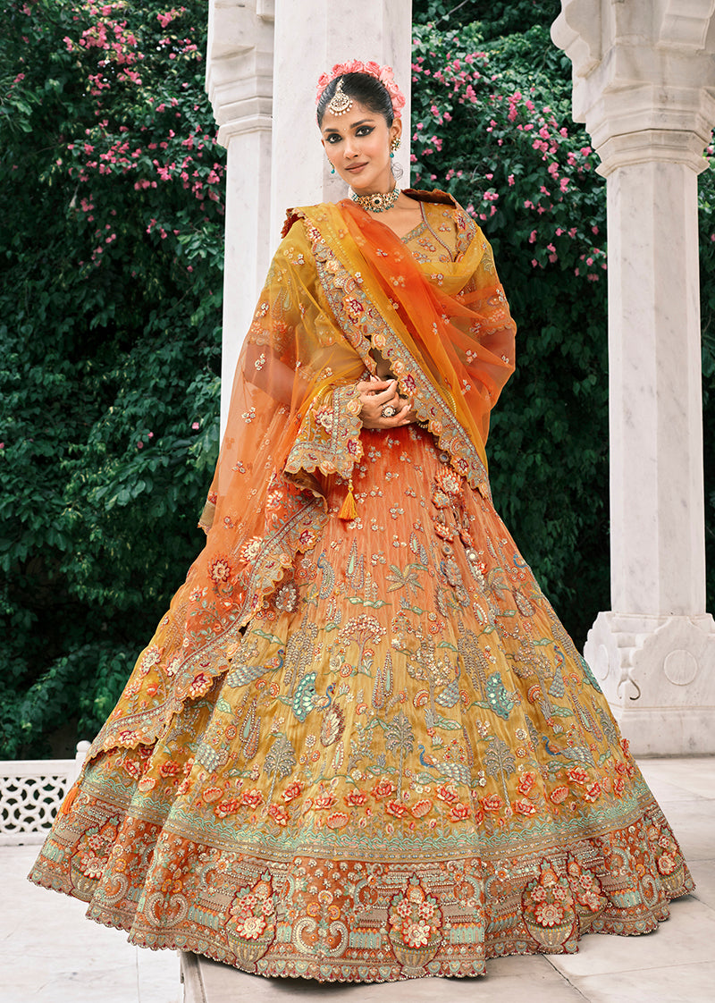 Monjolika Fashion Rust Orange And Mustard Yellow Silk Bridal With Embroidery And Sequins Work Lehenga - Distacart
