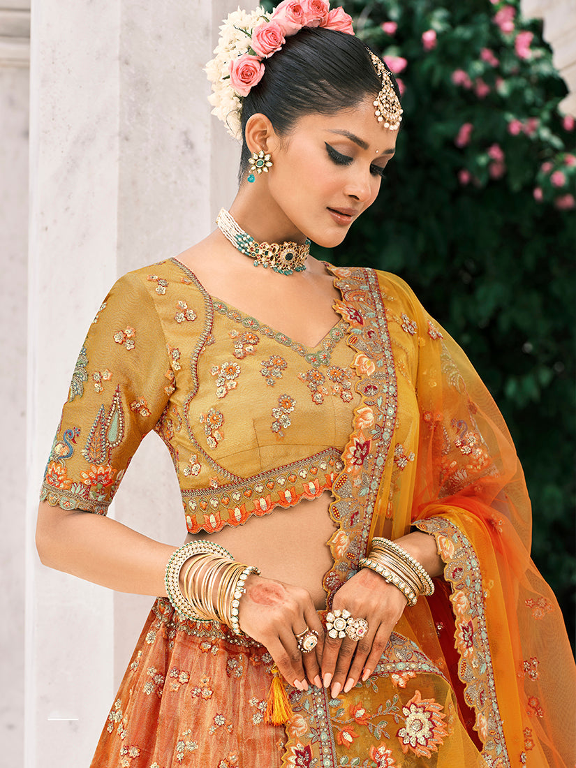 Monjolika Fashion Rust Orange And Mustard Yellow Silk Bridal With Embroidery And Sequins Work Lehenga - Distacart