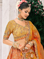 Monjolika Fashion Rust Orange And Mustard Yellow Silk Bridal With Embroidery And Sequins Work Lehenga - Distacart