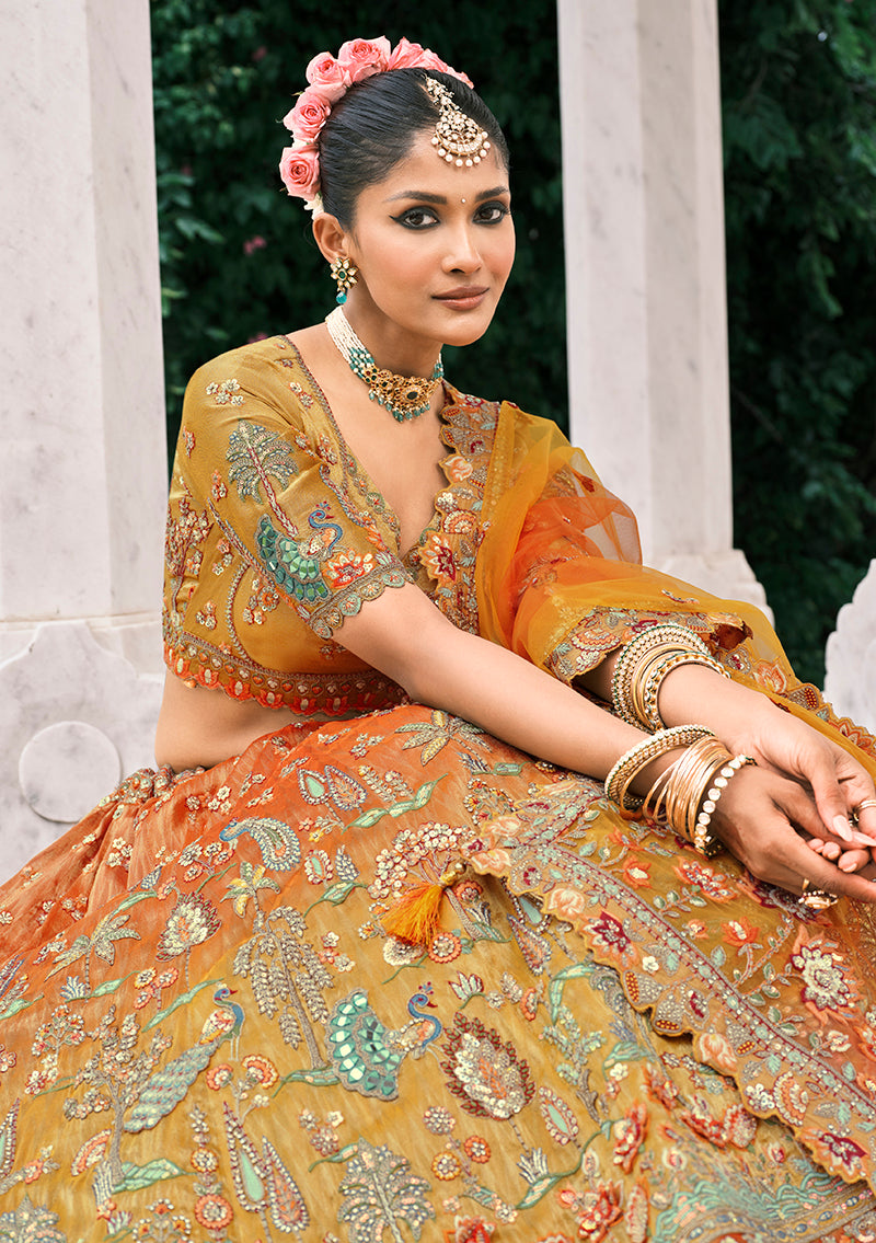 Monjolika Fashion Rust Orange And Mustard Yellow Silk Bridal With Embroidery And Sequins Work Lehenga - Distacart