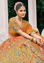 Monjolika Fashion Rust Orange And Mustard Yellow Silk Bridal With Embroidery And Sequins Work Lehenga - Distacart