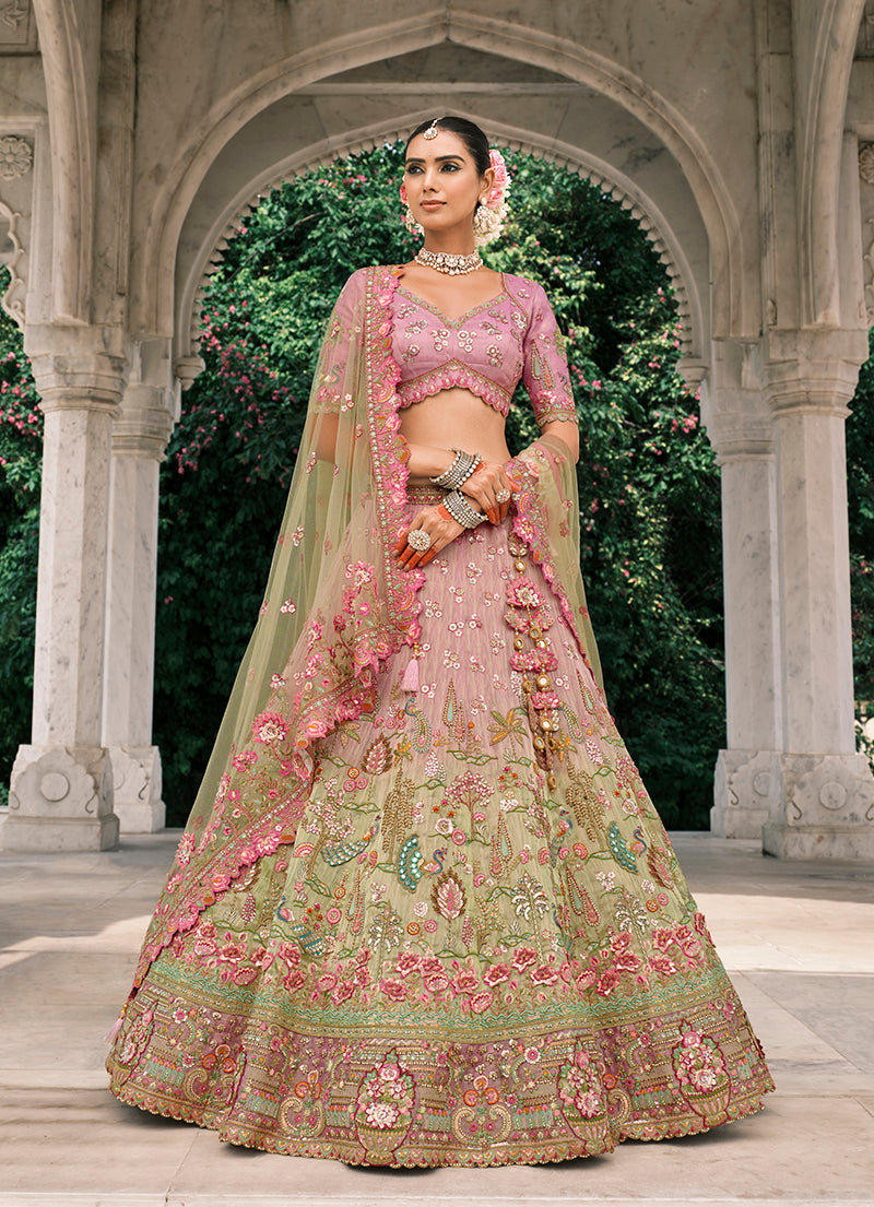 Monjolika Fashion Pink And Light Green Silk Bridal With Embroidery And Sequins Work Lehenga