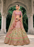 Monjolika Fashion Pink And Light Green Silk Bridal With Embroidery And Sequins Work Lehenga