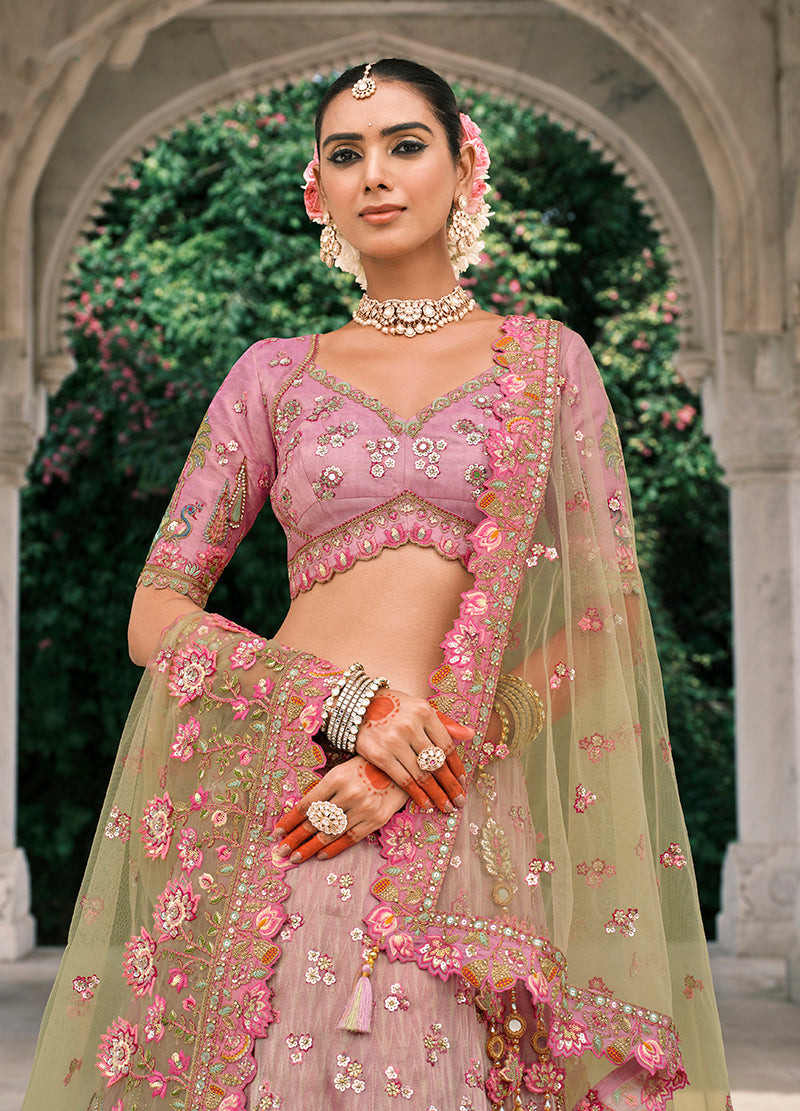 Monjolika Fashion Pink And Light Green Silk Bridal With Embroidery And Sequins Work Lehenga