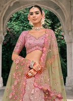 Monjolika Fashion Pink And Light Green Silk Bridal With Embroidery And Sequins Work Lehenga