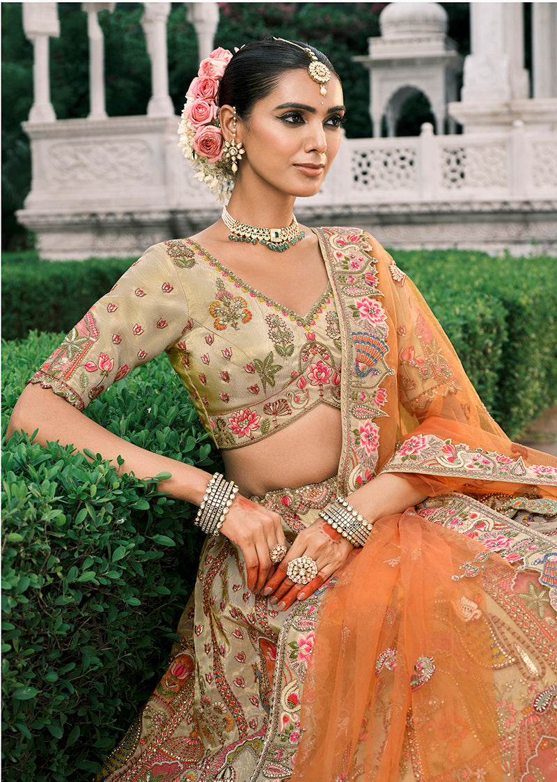 Monjolika Fashion Cream Silk Bridal With Sequins And Moti Work Lehenga