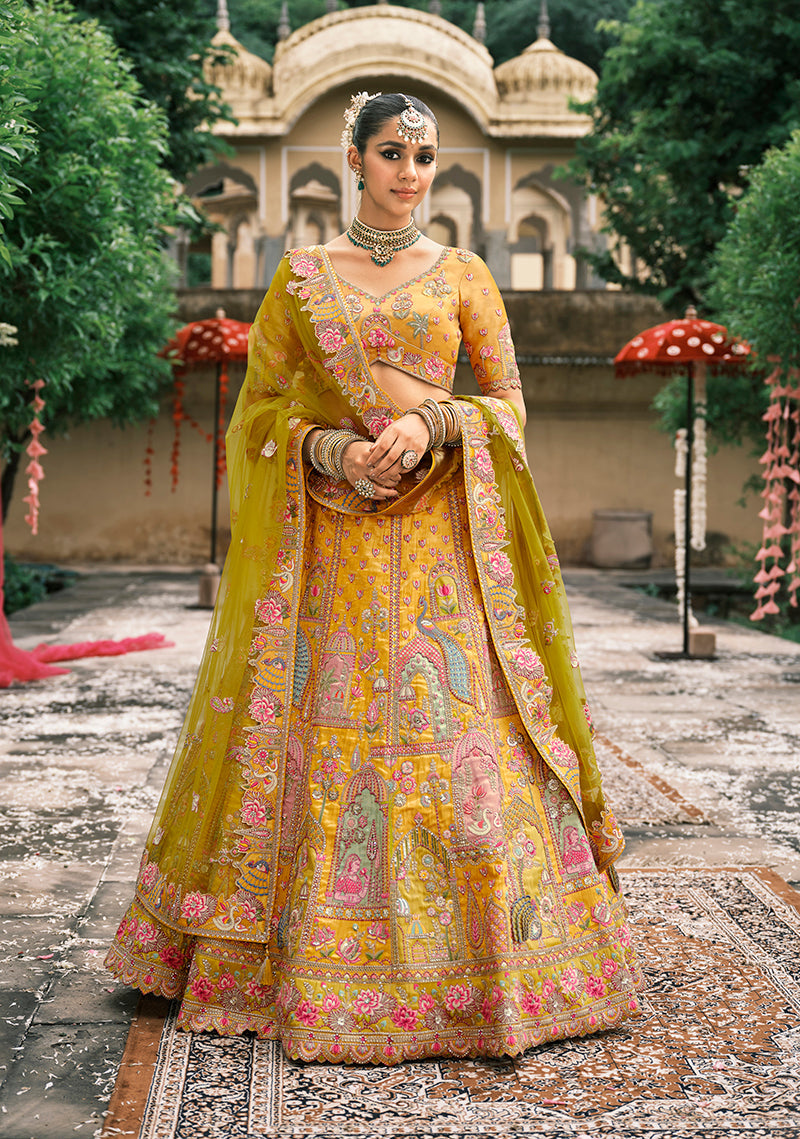 Monjolika Fashion Mustard Silk Bridal With Sequins And Moti Work Lehenga - Distacart