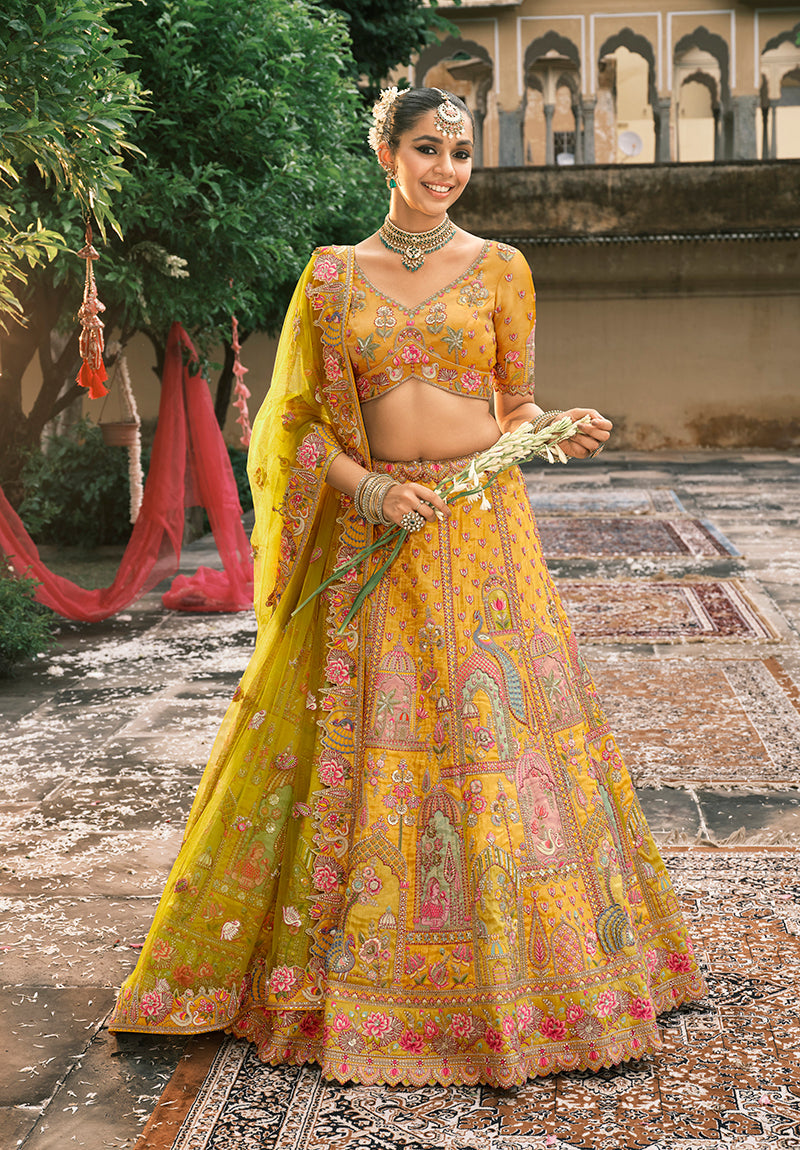 Monjolika Fashion Mustard Silk Bridal With Sequins And Moti Work Lehenga - Distacart