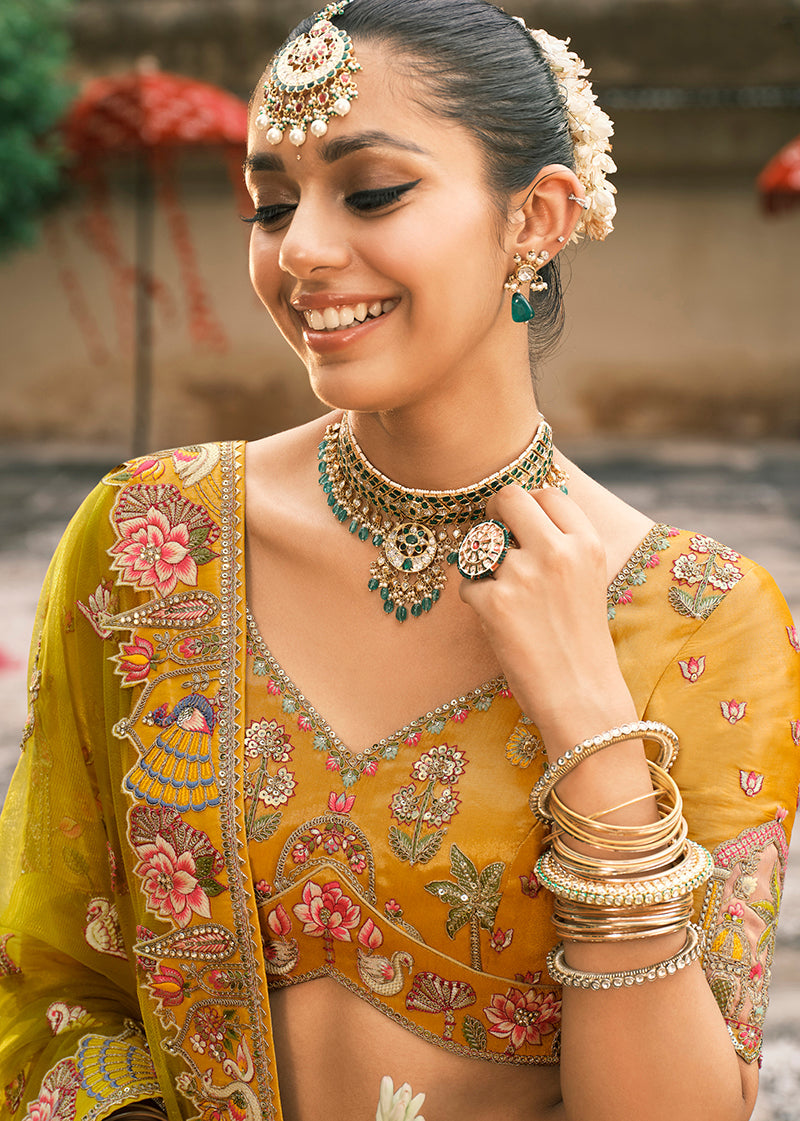 Monjolika Fashion Mustard Silk Bridal With Sequins And Moti Work Lehenga - Distacart