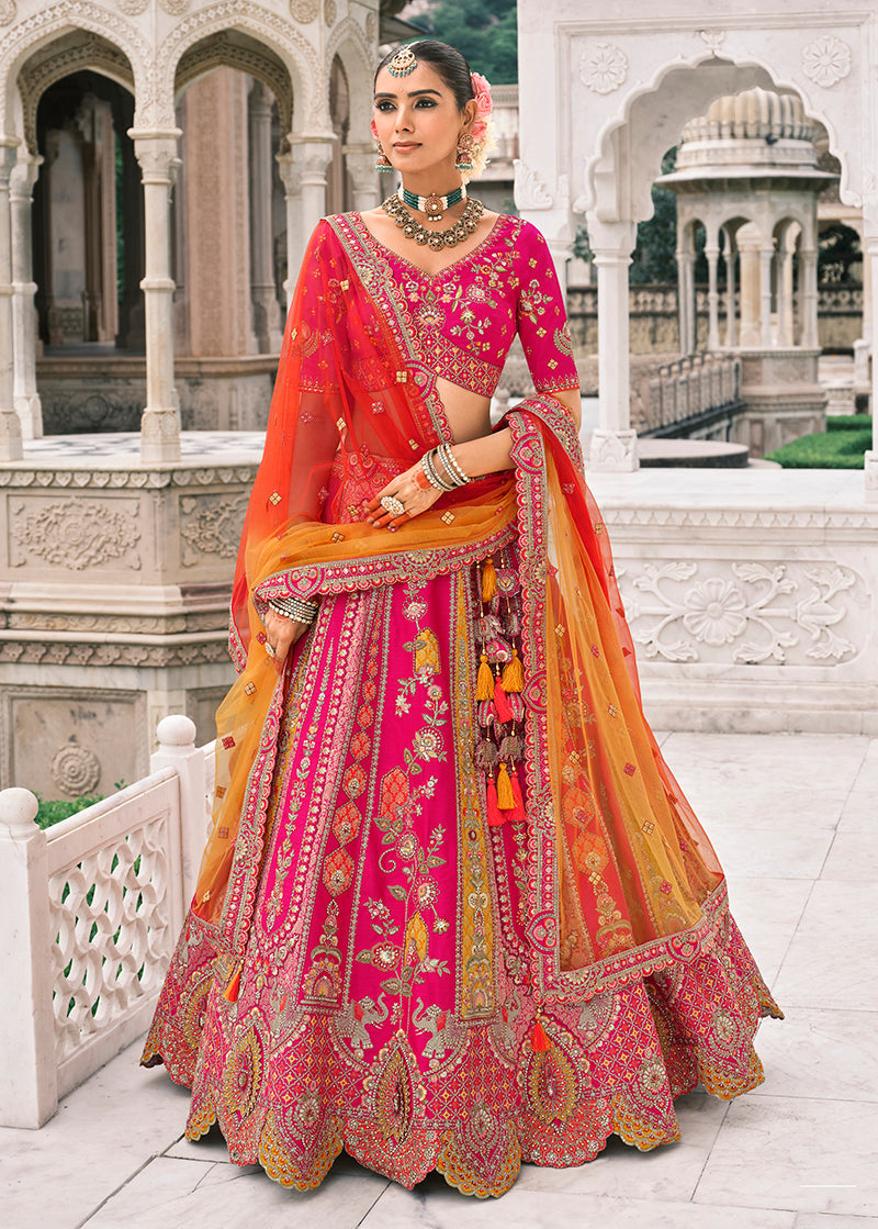 Monjolika Fashion Rani Pink Silk Bridal With Sequins Embroidery And Stone Work Lehenga - Distacart